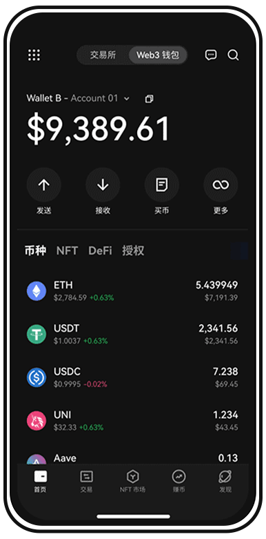 数字资产交易所平台的app或钱包页面展示